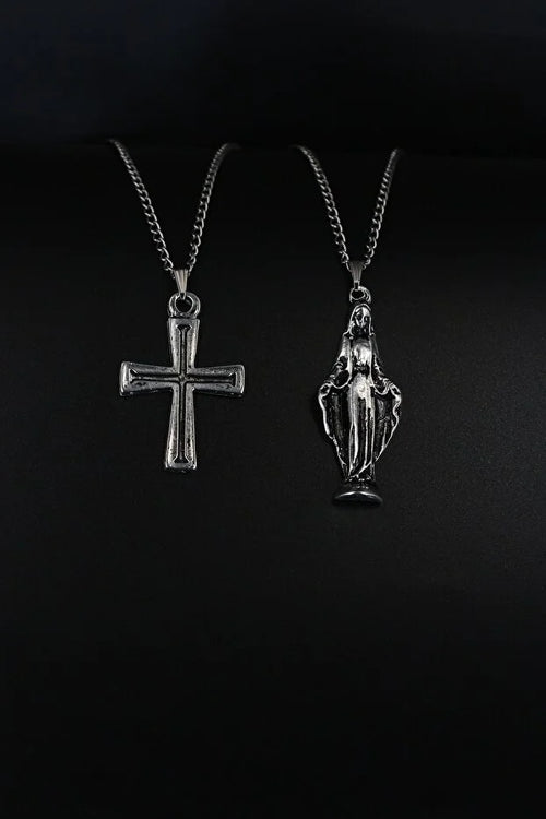 2 Piece Cross and Virgin Mary Necklace Set Men Religious Style Jewelry